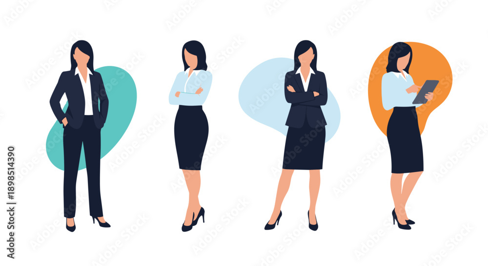 Obraz premium Collection of professional businesswomen standing in various poses, wearing formal office attire like blazers and pencil skirts for work.