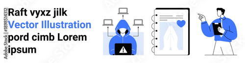 Cybersecurity, medical health records, telehealth services, online safety, remote collaboration, data management. Hooded figure at a laptop, tablet with health visuals, and person pointing at