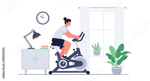 Woman exercising on a stationary bike at home in her living room with a clock on the wall and potted plants near the window for a healthy life.
