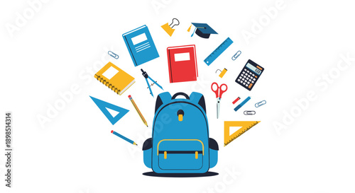 Blue school backpack surrounded by various educational supplies like notebooks, pencils, a calculator, a ruler, and a graduation cap.