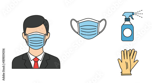 Health and safety equipment set including a man wearing a face mask, an extra mask, a disinfectant spray bottle, and protective gloves.