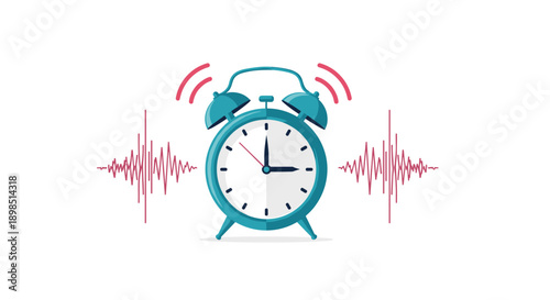 Blue analog alarm clock ringing loudly with red sound wave patterns on both sides, representing early wake up time or deadline.