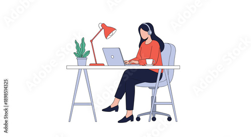 Focused woman working on her laptop at a clean white desk while wearing headphones and having a cup of coffee in a bright office space.