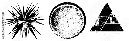 Three stylized forms starburst, halftone circle, segmented triangle rendered in gritty vector art with distressed texture and bold.