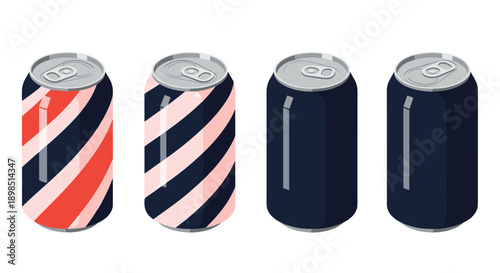 Set of four aluminum beverage cans featuring colorful diagonal stripes and solid dark colors, suitable for soda, beer, or energy drinks.