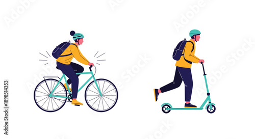 Female cyclist riding a bicycle and male commuter using an electric kick scooter, both wearing safety helmets and backpacks for transport.
