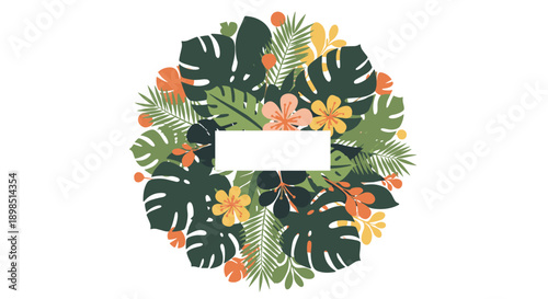 Decorative circular frame or wreath made of lush tropical leaves and colorful flowers with a blank white rectangle for custom text.