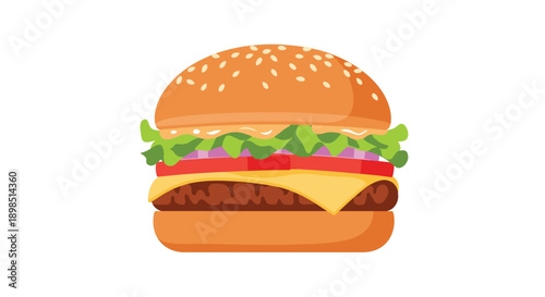 Delicious and juicy cheeseburger with multiple layers of beef, cheese, lettuce, tomato, and onion on a toasted sesame seed bun illustration.