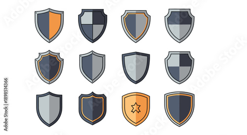Collection of protective shield icons in various shapes and designs, including flat metal and emblem styles for security and safety.