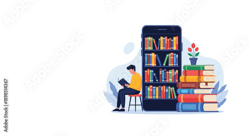 Individual reading a book while seated next to a large smartphone library and a tall stack of colorful hardcover books on the side.