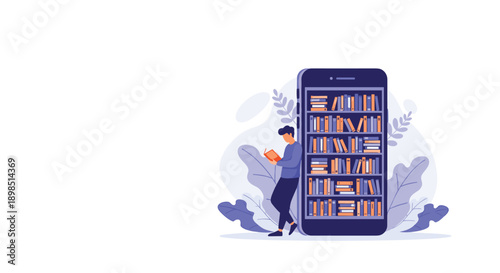 Person leaning against a large smartphone designed as a digital library with bookshelves, symbolizing mobile reading and e-book apps.