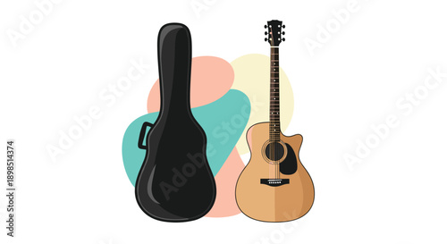 Light brown acoustic guitar positioned next to its black hardshell protective carrying case with colorful abstract shapes in the background.