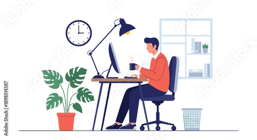 Professional man sitting at his desk working on a computer while drinking coffee in a modern office or home office environment.