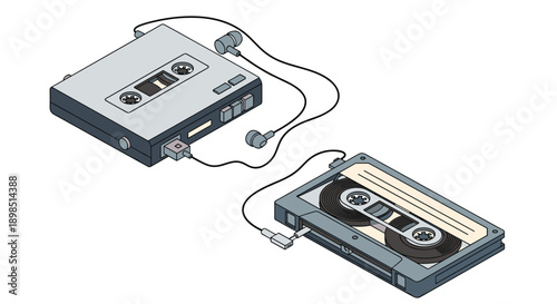 Retro grey portable cassette tape player with wired earphones and a separate cassette tape, showing vintage analog audio technology.