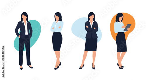 Collection of professional businesswomen standing in various poses, wearing formal office attire like blazers and pencil skirts for work.