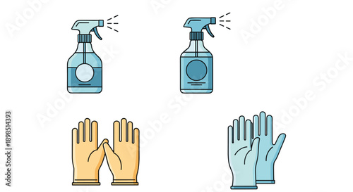Cleaning supplies including two spray bottles and two pairs of protective gloves in yellow and blue, ideal for housework and sanitation.