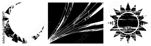 Fragmented circular and radial forms with distressed textures, stylized vector art, graphic design elements, composition.