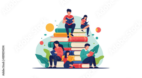 Group of diverse people sitting and reading books on top of and around a giant stack of colorful books, celebrating education and literacy.