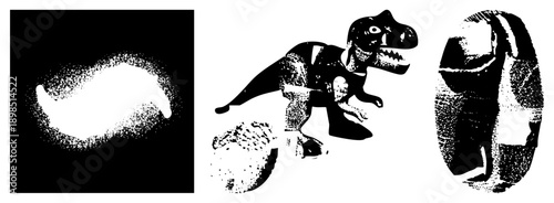 Stylized T toy with halftone texture, dinosaur egg, retro print effect, isolated vector graphic, black and white design.