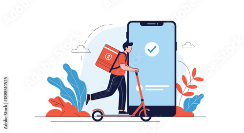 Food delivery courier riding an orange electric scooter past a giant smartphone with a successful order confirmation checkmark.