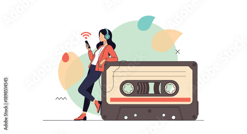 Creative illustration of a young girl with headphones leaning against a giant vintage cassette tape while listening to music on her phone.