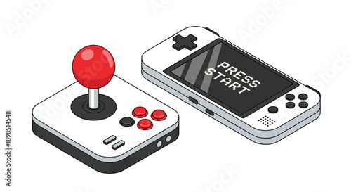 Comparison of classic gaming hardware featuring a retro arcade joystick and a modern white handheld game console with a press start screen.