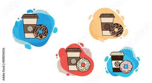 Four variations of coffee and donut pairs with different frosting and backgrounds, ideal for bakery or coffee shop branding.