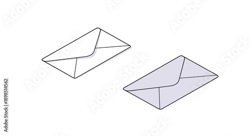 Pair of white envelopes in isometric view, featuring one closed and one shaded for a clean professional mail concept.