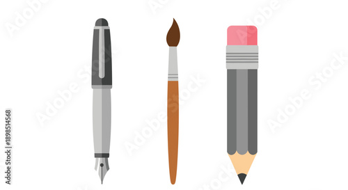 Set of classic creative tools including a fountain pen, an artist paintbrush, and a graphite pencil with an eraser.