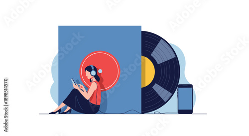 Young woman sitting and listening to music through headphones next to a giant vinyl record and its blue cover sleeve.