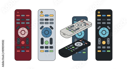 Variety of television remote controls in different colors and layouts, displayed in a modern flat design icon style.