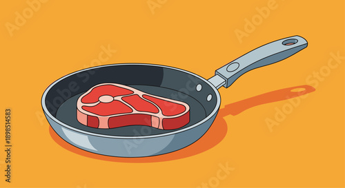 Raw beef steak cooking in a frying pan over a solid orange background, depicted in a simple flat design illustration.