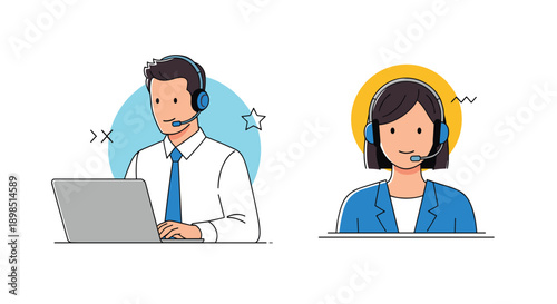 Customer support team illustration showing a man and a woman wearing headsets while working at their laptop computers.