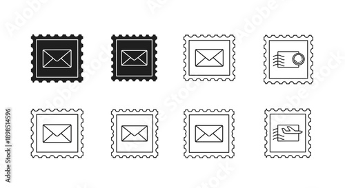 Assortment of black and white postage stamp icons featuring mail envelopes, an airplane, and circular postmark marks.
