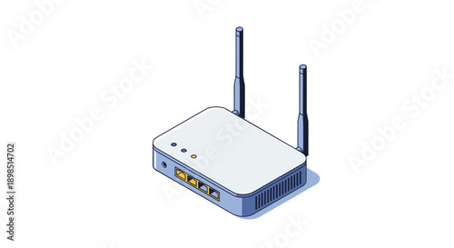 Isometric view of a modern wireless internet router with two antennas and network ports on a white background.