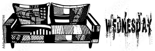Black and white vector sofa with geometric upholstery, paired with distressed “WEDNESDAY” typography, stylized interior decor, retro graphic design, isolated furniture element.