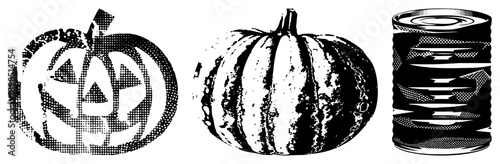 Black and white halftone illustrations of jack o lantern, pumpkin, and can, vector art, isolated graphic elements, spooky seasonal.