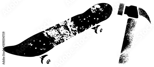 Worn skateboard and claw hammer in bold black silhouette, gritty halftone texture, urban tool and street culture, vector graphic with distressed effect.
