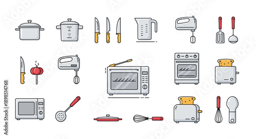 Variety of kitchen appliances and utensils icons including pots, knives, mixers, and ovens in a flat vector style for cooking and gastronomy design themes.