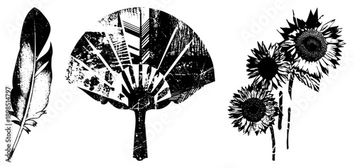 Black and white vector illustration of feather, ornamental fan, and sunflowers with halftone texture, vintage aesthetic, graphic design elements, isolated objects.