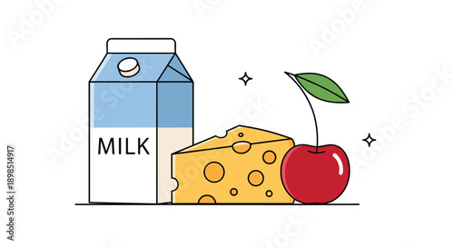 Healthy snack illustration featuring a carton of milk, a piece of swiss cheese with holes, and a fresh red cherry on a white background scene.
