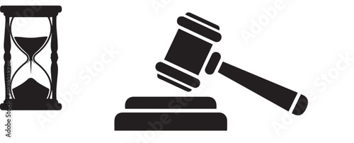 Black silhouette of a judge s gavel and sounding block isolated on a white background representing justice and legal proceedings,Black Silhouette of a Gavel on a White Background Representing Justice 