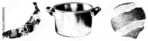 Retro halftone banana peel, classic cooking pot, sliced bread loaf, vector art, food illustration, stylized kitchen items, graphic design elements.