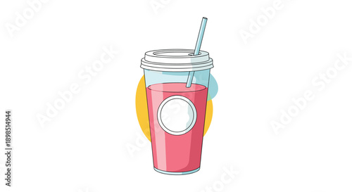 Plastic cup with a lid and a straw containing a pink smoothie or juice shown against a background with yellow and blue abstract shapes for healthy drinks.