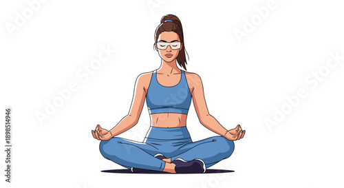 Young woman in blue athletic clothing practicing yoga in a lotus meditation pose with her eyes closed for health, wellness, and inner peace themes.