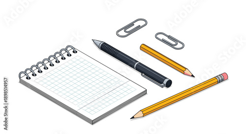 Isometric view of essential office stationery items including a spiral notebook with grid paper, a pen, two pencils, and two silver paper clips.