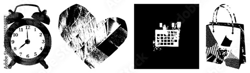 Retro alarm clock with bells, wood textured heart, minimalist calendar, paper shopping bag all in halftone style. Vector for design, web, print, UI.