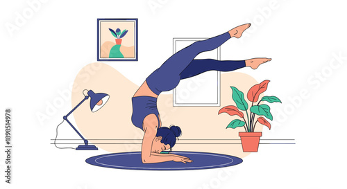 Athletic woman performing a difficult yoga forearm stand pose in a minimalist room decorated with a plant and framed art.