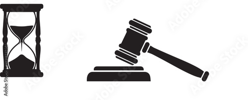 Black silhouette of a judge s gavel and sounding block isolated on a white background representing justice and legal proceedings,Black Silhouette of a Gavel on a White Background Representing Justice 