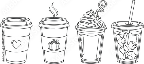 Takeaway coffee and cold drink cup outline set, milkshake iced beverage vector illustration cafe menu line icon collection